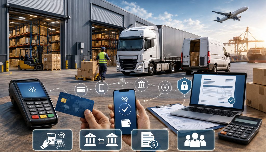 Logistics business payment methods with cards, mobile payments, bank transfers, and invoicing