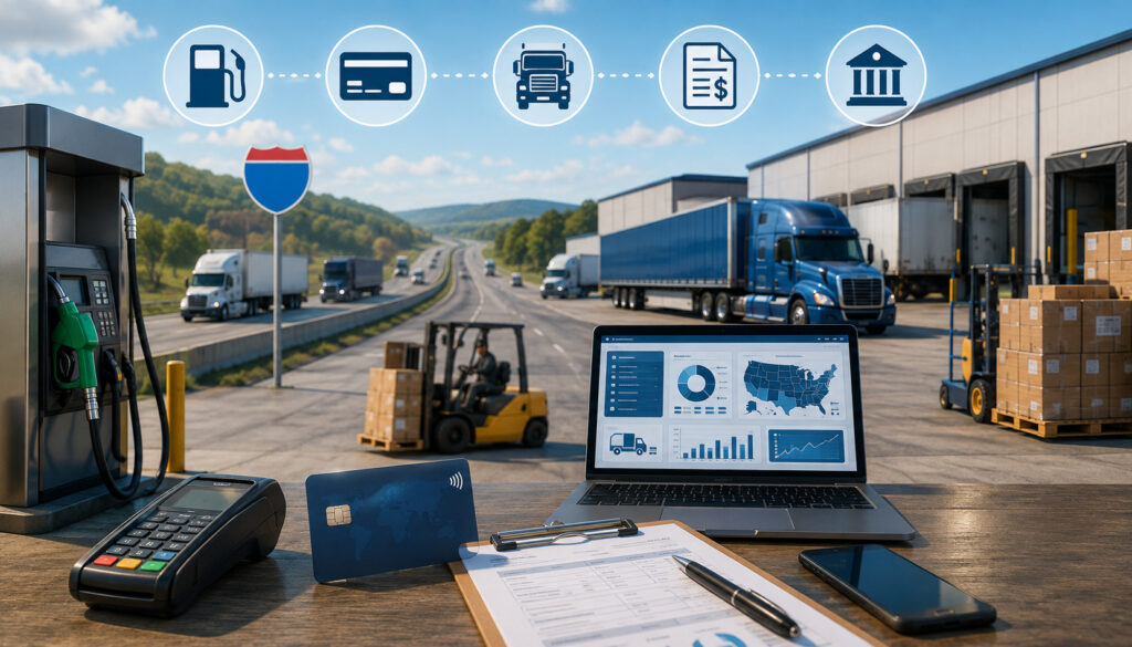 I-81 corridor trucking, warehouse, fleet card, fuel card, and B2B payments illustration