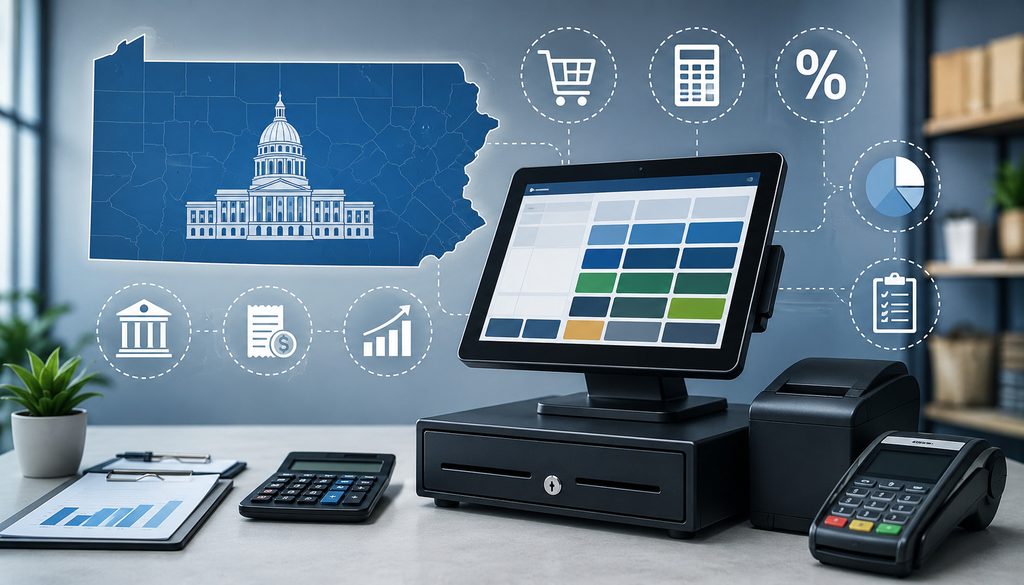 Pennsylvania sales tax POS setup with payment terminal and tax icons